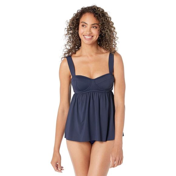 Michael Kors Baby Doll Tankini Swim Top Size M Navy Blue New Slimming Underwire - Picture 1 of 6